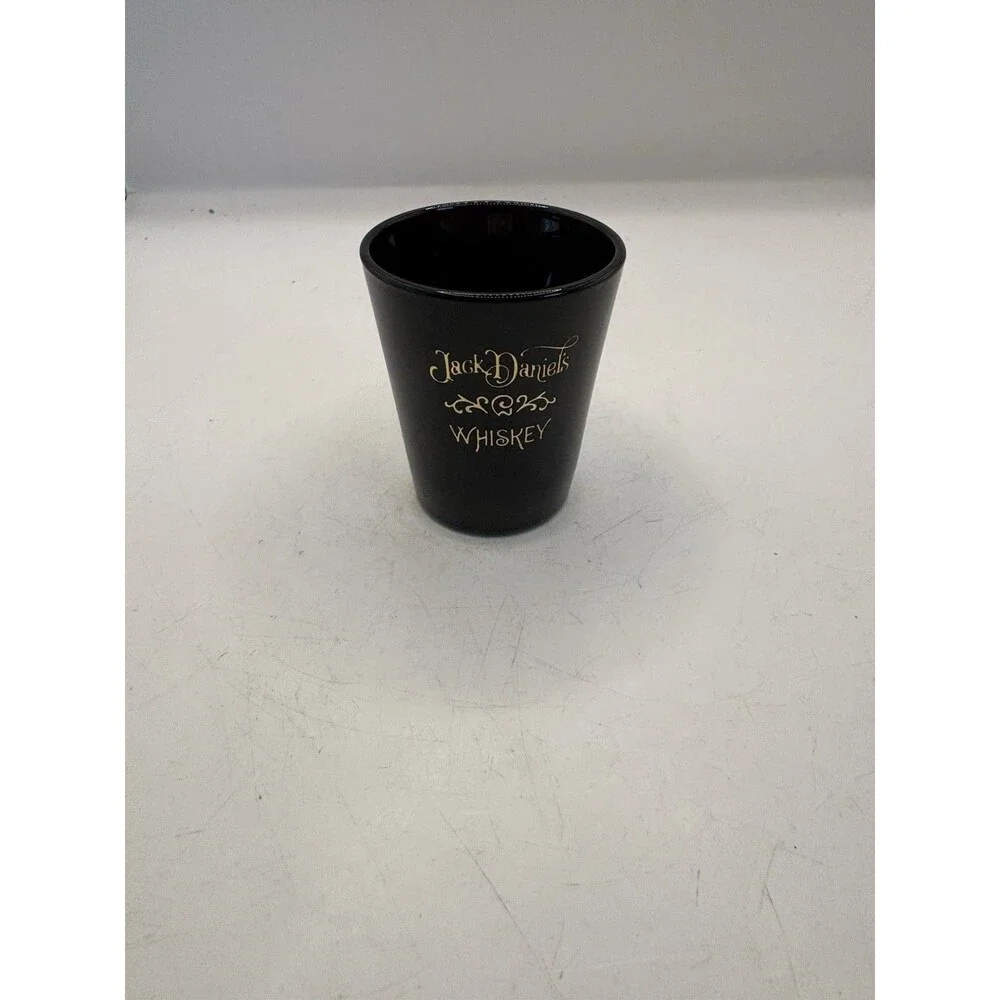 Jack Daniels Whiskey Shot Glass Black Glass Bar Barware Gold Lettering Black